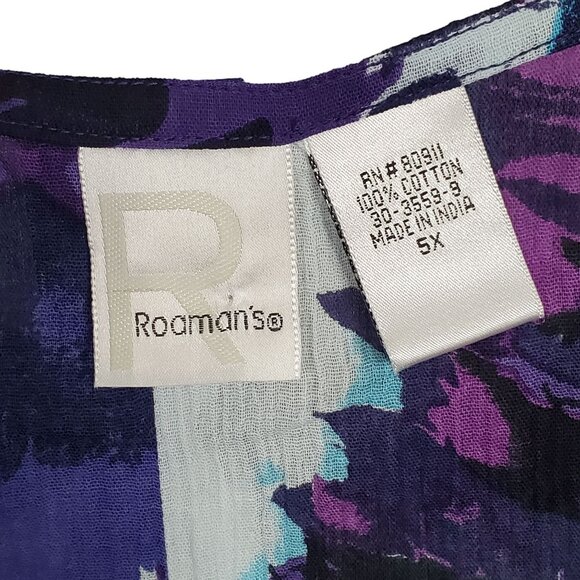 Roamans NWOT Sz 5X Tunic Button Blouse Floral Print Gauzy Crinkle Cotton Purple - Picture 4 of 12